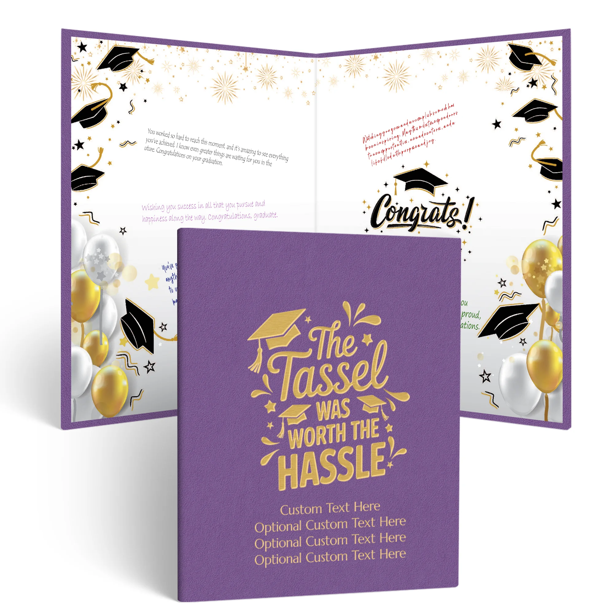 Purple and gold graduation guestbook with a textured cover reading “The Tassel Was Worth The Hassle” and customizable lines “Custom Text Here Optional Custom Text Here Optional Custom Text Here Optional Custom Text Here.” Inside, the grad party guestbook 